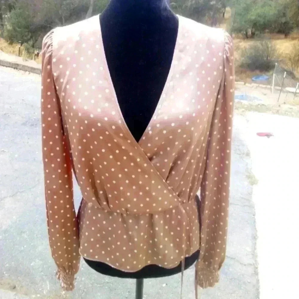 GUESS Silky Peplum Polka Dot Wrap Top - Picture 2 of 5